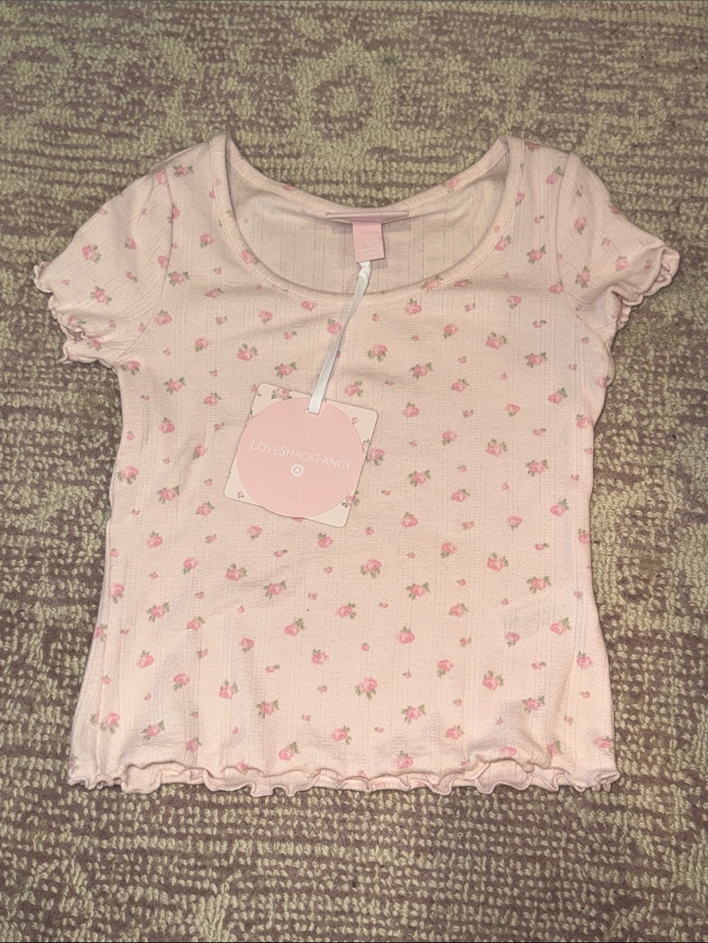 LoveShackFancy Pink Floral Ribbed Short Sleeve Tee for Girls